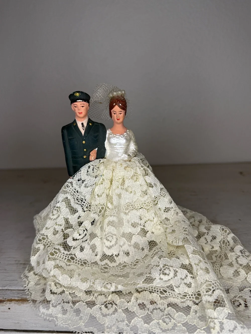 Vintage Military Army Chalkware Bride & Groom Cake Topper Featuring Lace Dress